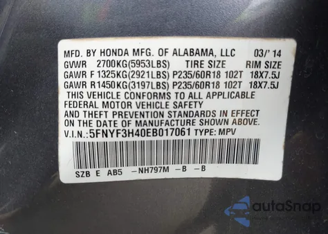 2014 Honda Pilot Ex z USA, uszkodzony, nr VIN 5FNYF3H40EB017061